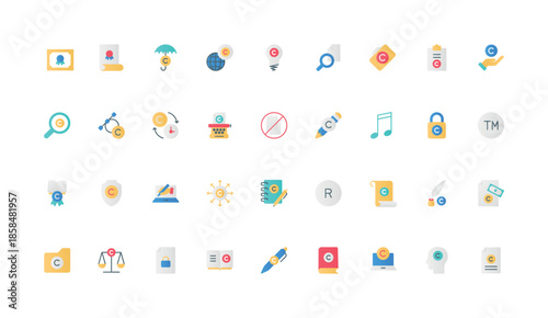 Intellectual property, patent and copyright, license for intangible assets color icon set. Original brand name and authors software, creative idea, content document flat elements vector illustration