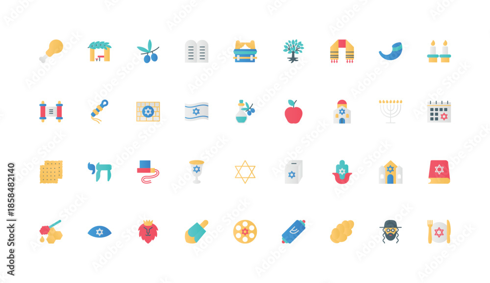 Fototapeta premium Judaism, Jewish culture, holidays and synagogue, religious objects of religion color icon set. Flag of Israel and rabbi, shofar and Torah scroll, menorah and hamsa flat elements vector illustration
