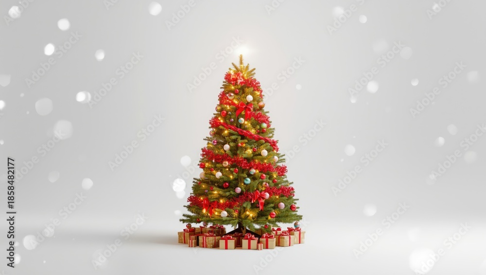 Obraz premium Decorated Christmas tree on white background, designed for seasonal display or promotional material