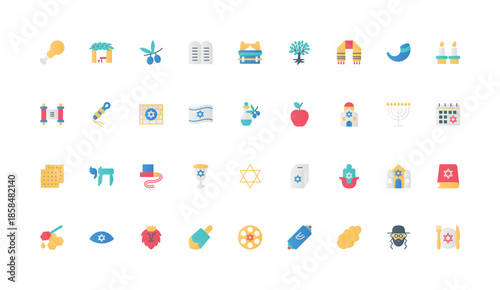 Judaism, Jewish culture, holidays and synagogue, religious objects of religion color icon set. Flag of Israel and rabbi, shofar and Torah scroll, menorah and hamsa flat elements vector illustration