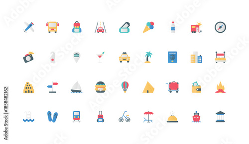 Summer travel vacation and sea beach holidays, hotel service and tickets color icon set. Room booking and passport, trip by plane or ship, car, museum location on map flat elements vector illustration