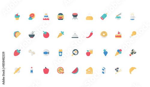 Home and restaurant, cafe meals of breakfast, lunch and dinner, fast food and healthy diet color icon set. Fruit and vegetable, sandwich and burger, coffee, fish flat elements vector illustration