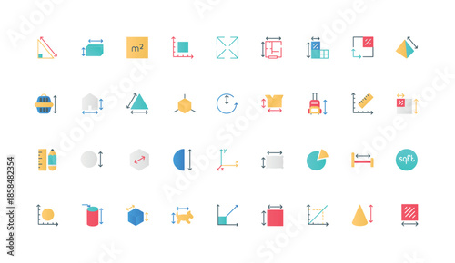 Size measurement, guide and tools to measure length and height, depth color icon set. Ruler with scales and dimension arrows, 3D model and room plan, capacity flat elements vector illustration