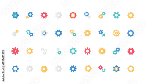 Gears of effective operation process, component and part of machine engine, mechanical equipment color icon set. Different cog wheels, two and three connection flat elements vector illustration
