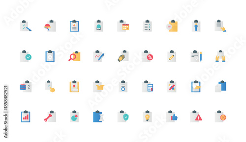 Clipboard, checklist form with ticks on paper sheet color icon set. Human hands with board, pen to register survey data and task, write and record notes in document flat elements vector illustration