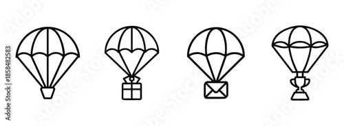 Set of four simple parachute icons on transparent background