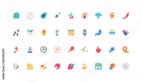 Healthy nutrition, gluten and sugar, GMO free and detox diet for health, weight control and calorie burning color icon set. Sleep and fitness, quality food planning flat elements vector illustration