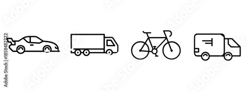 Simple vehicle icons set including car, truck, and bicycle on transparent background