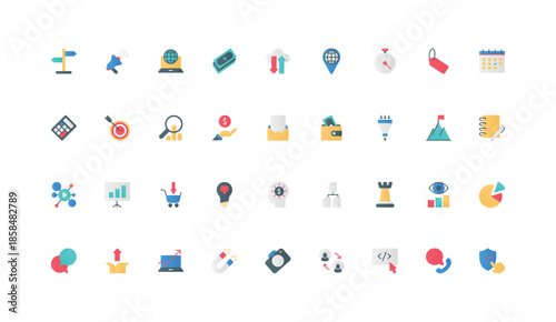 Marketing strategy, sales and advertising campaign planning color icon set. Filter and magnet for the audience, creative idea to develop business, make money flat elements vector illustration