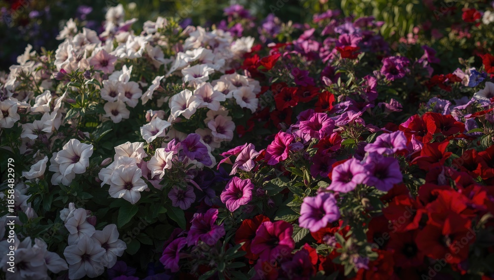 Obraz premium Petunia flower bed showcasing vibrant shades of white, purple, pink, and red, suitable for floral backdrop use