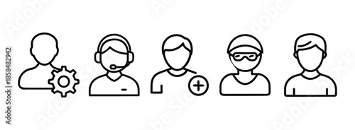 Set of simple user icons with various attributes and masks on transparent background