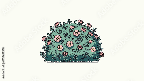 Illustration of Flowers in a Green Bush.