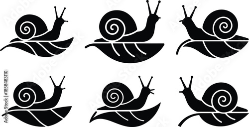 Set of Minimalist black snail on a leaf silhouette vector icon