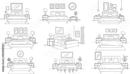 Set of Nine Hand-Drawn Outline Vector Bedroom Interior Designs Representing Home Decor, Furniture, and Real Estate