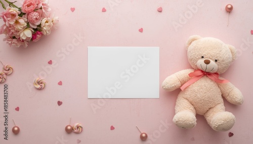 A pink backdrop with a white postcard and a soft teddy bear, designed for seasonal greeting purposes