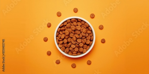 Flat lay of dry dog food in a feeding bowl against vibrant orange, focused on pet meal hygiene