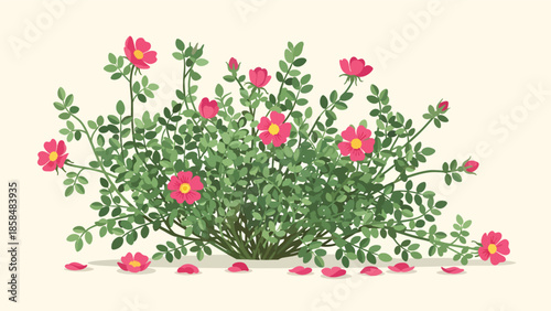 Beautiful Pink Flowering Bush with Green Leaves.