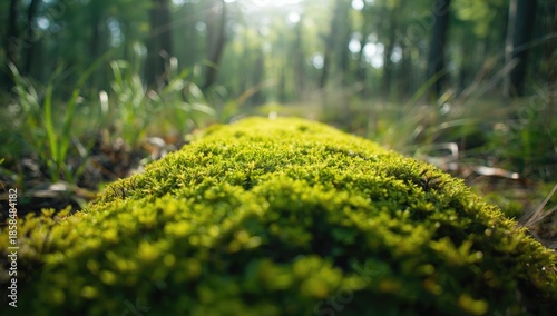 Bright green forest moss detailed macro shot, highlighting biodiversity for Earth Day