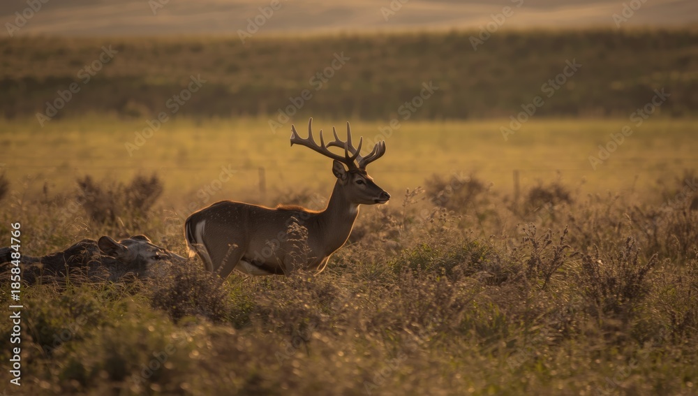 Fototapeta premium A lone deer in a natural setting, looking away from herd members, highlighting wildlife tranquility