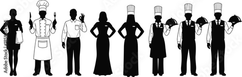 Set of professional chef and waiter silhouettes holding food trays and kitchen tools for restaurant menu design and hospitality industry branding.