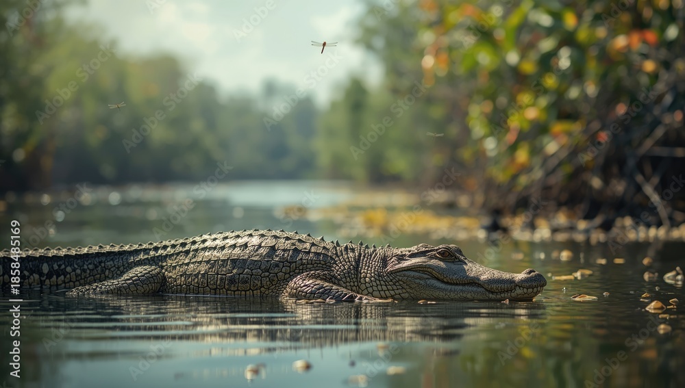 Fototapeta premium Saltwater Crocodile in coastal wetlands and estuaries, highlighting ecological importance