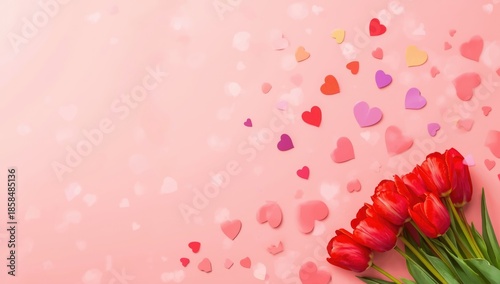 Valentines Day scene featuring hearts and red tulips designed for romantic greeting layouts