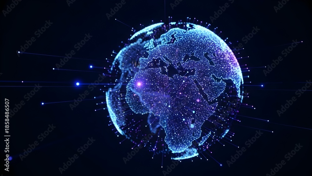 Naklejka premium Digital Earth Network: Global Connectivity with Futuristic Blue Particle World Map, Data Streams, and Glowing City Lights - 3D Rendering