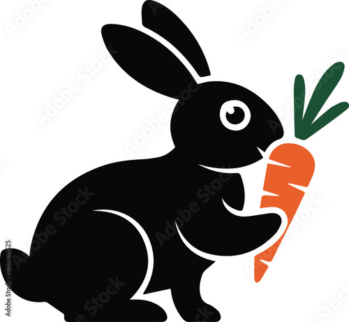 Minimalist black rabbit eating a carrot silhouette vector icon