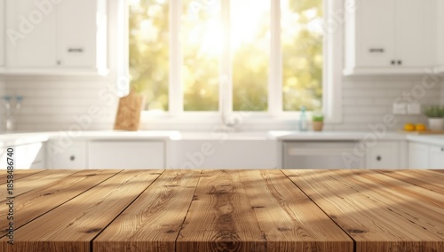 Bright white kitchen with an empty wooden table ideal for interior staging or food photography backgrounds