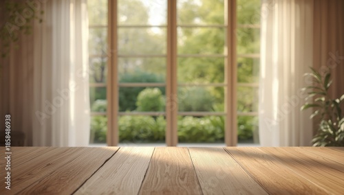 Wooden surface with a blurred window view of greenery, designed as a background for text or layout, World Environment Day
