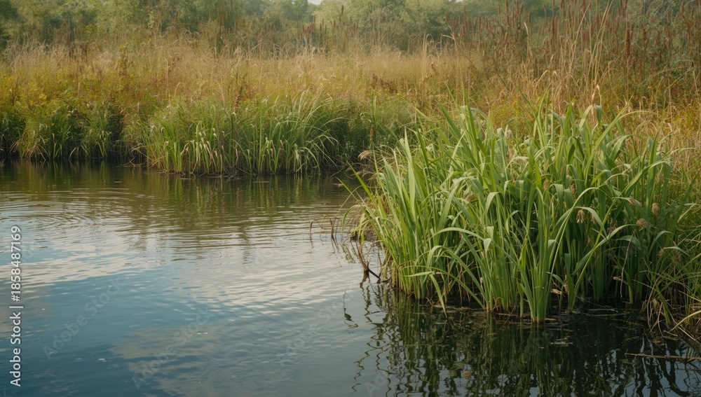 Obraz premium Wild swamp vegetation along reservoir shoreline, highlighting ecosystem diversity