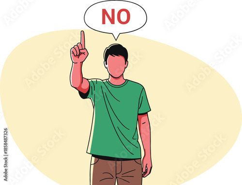 Man Pointing Upwards with a Bold Red "NO" in a Speech Bubble Representing Denial, Refusal, or Prohibition