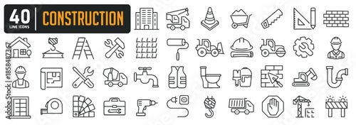 Construction line icons representing diverse aspects of building infrastructure development and engineering essential for construction and architectural projects