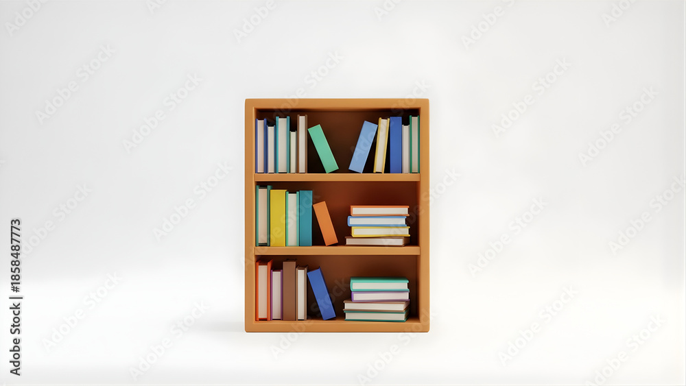 Fototapeta premium Wooden Bookshelf with Books - 3D wooden bookshelf with books isolated on white background, symbolizing education, knowledge, reading, and library concepts.