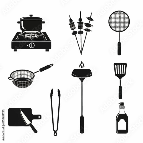 Collection of various cooking and grilling utensils and equipment.