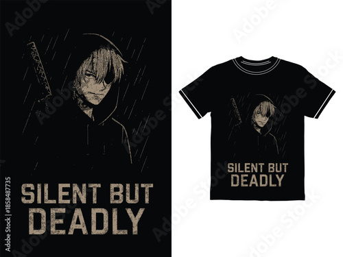 black t shirt design with character and silent but deadly text