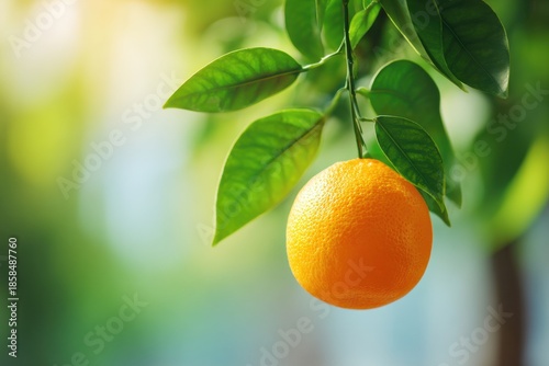 A single ripe orange hangs from a leafy green branch, its textured skin catching the soft sunlight, perfect for illustrating freshness and natural sweetness.