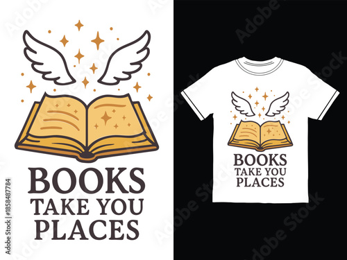 books take you places t shirt design with wings and open book