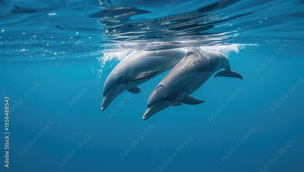 Naklejka premium Dolphins engaging in social behavior in open blue water, marine wildlife, Earth Day