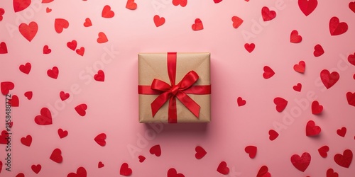 Heart-themed gift box tied with a red ribbon on pink surface filled with red hearts, top-down view for greeting layout