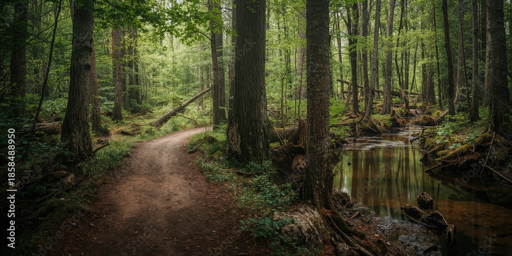 Obraz premium Spring roads lead into swampy wilderness, maintenance challenges in dense wild forests