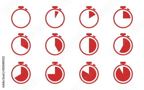 Set of twelve red stopwatch icons showing different time intervals and progress from empty to full circle on a