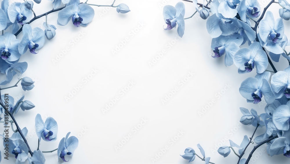Fototapeta premium Floral border featuring blue orchids on a white background, suitable for banner backgrounds and graphic design