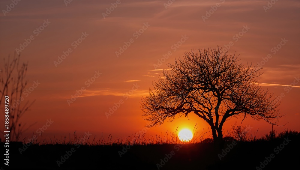 Fototapeta premium Sunset scene with tree outline providing a natural backdrop for landscape layouts, seasonal change