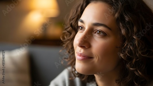 Close-up portrait of a thoughtful young woman with curly dark hair.