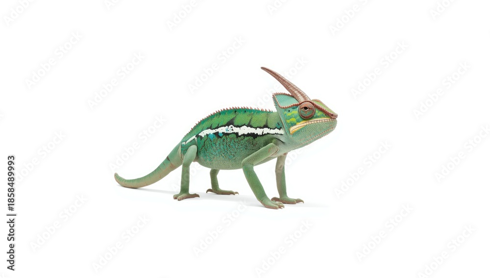 Obraz premium Jacksons horned chameleon Trioceros jacksonii on a white background, highlighting camouflage and curiosity