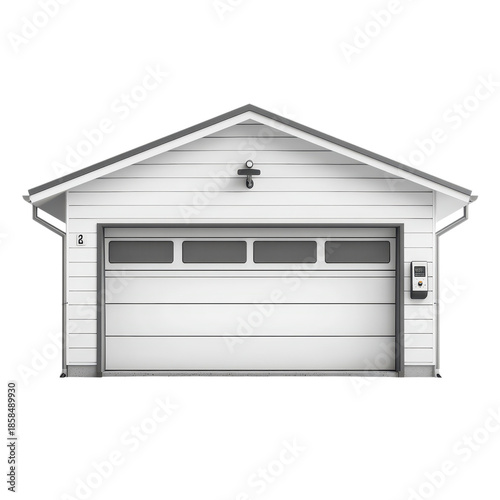 Modern garage door with gray vinyl siding and overhead light in simple monochromatic illustration for architectural design isolated on transparent background