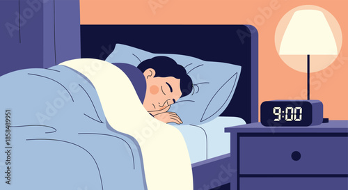 Man sleeping peacefully in a dark bedroom with an alarm clock on a bedside table showing nine o-clock in the morning.