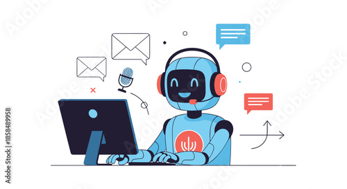 Friendly customer service robot wearing a headset working at a computer desk with email and chat message icons floating.