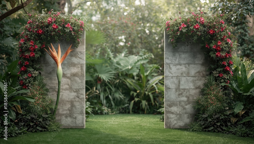 Fototapeta premium Colorful floral and stone textures create a decorative backdrop at the Botanical Garden in St. Petersburg, ideal for editorial headers, Earth Day